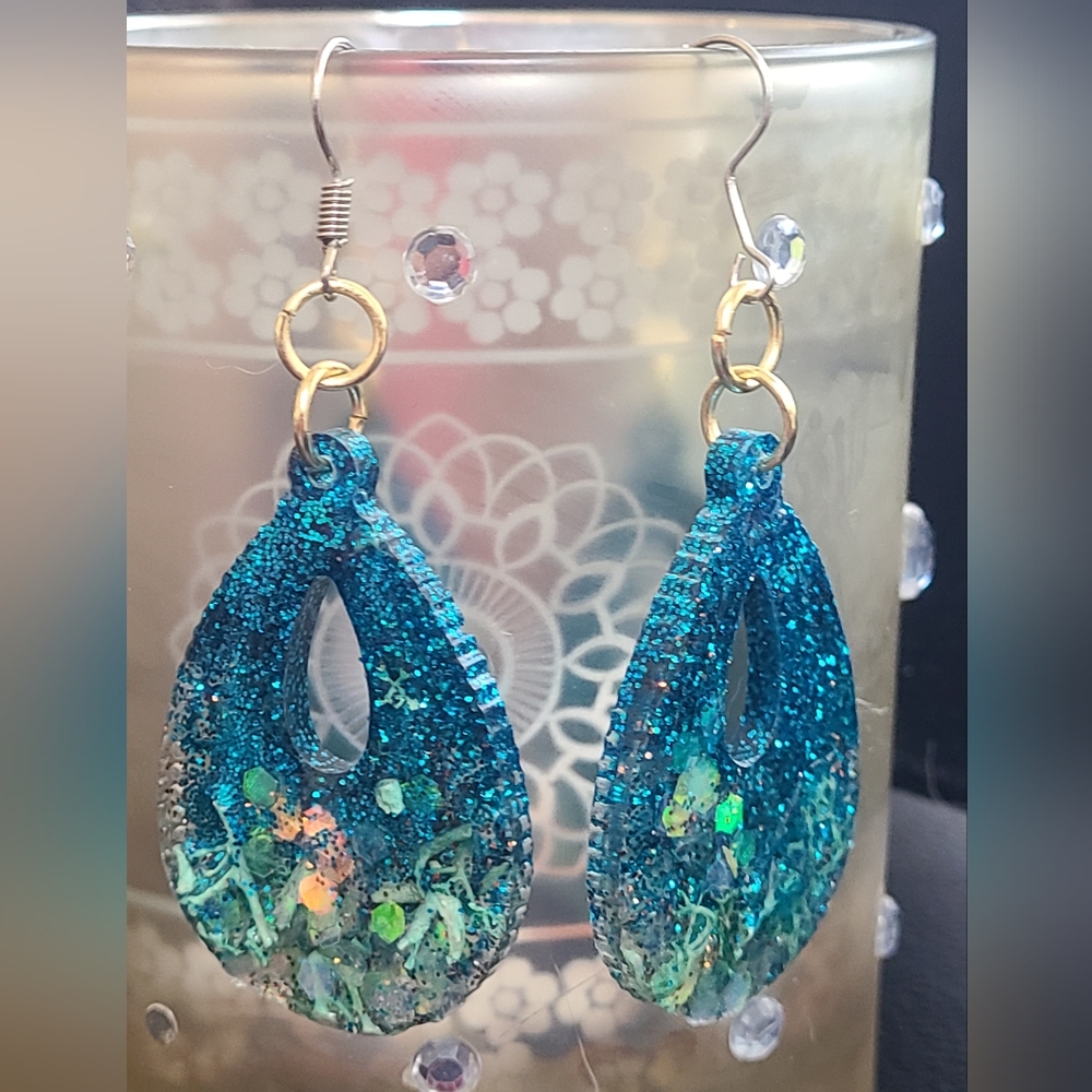 Blue and Gold Glitter Drop Earrings